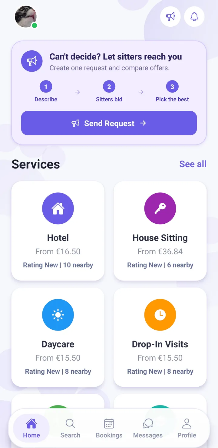 Petsly app on phone showing pet sitter search and booking for dog walking, pet boarding and house sitting in Cyprus